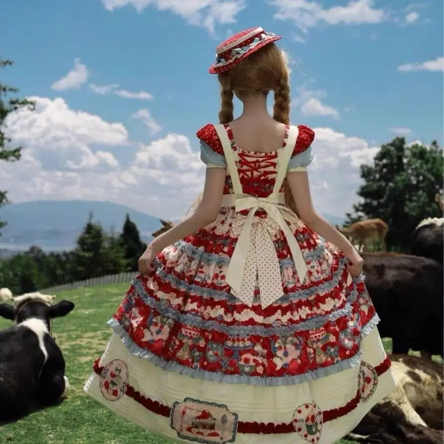 MAGOGO Fragola Tata Kawaii Lolita Fragola Stampata OP Abito Donna Estate Dolce Fiocco Grembiule di Pizzo Principessa Tea Party Abiti