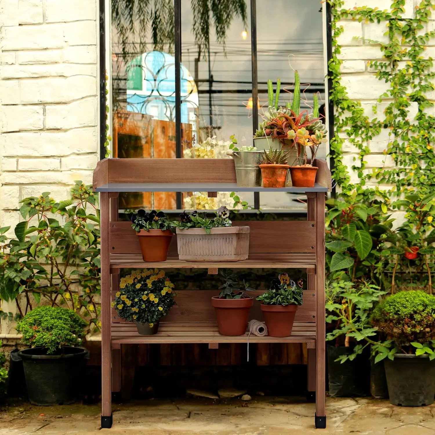 Potting Bench Table w/Metal Tabletop for Garden, Fir Wood Workstation w/3 Tier Shelves, Outdoor Work Bench w/Hook Brown