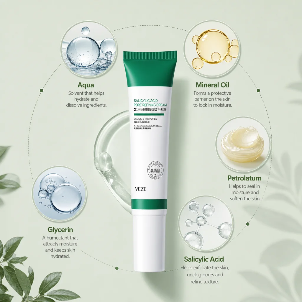 Salicylic Acid Pore Refining Cream Oil Control Tighten Pores Soothe Redness Smooth Skin Balance Oil Facial Skin Care Cream