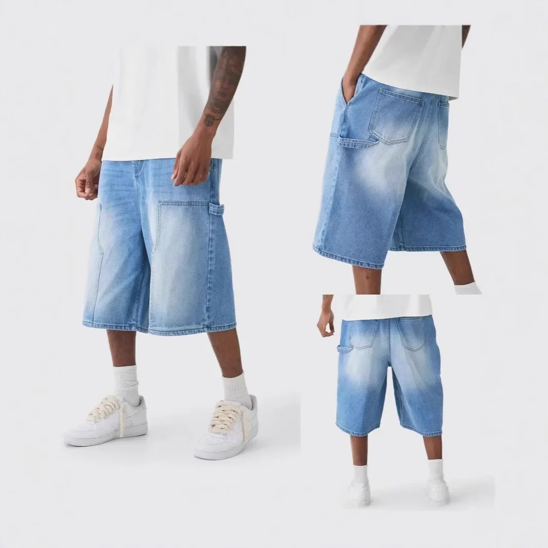 

Jeans Shorts Men Strecth Knee Length Washed Vintage Distressed Pockets 2025 Summer Short Pants Loose Straight Denims Streetwear