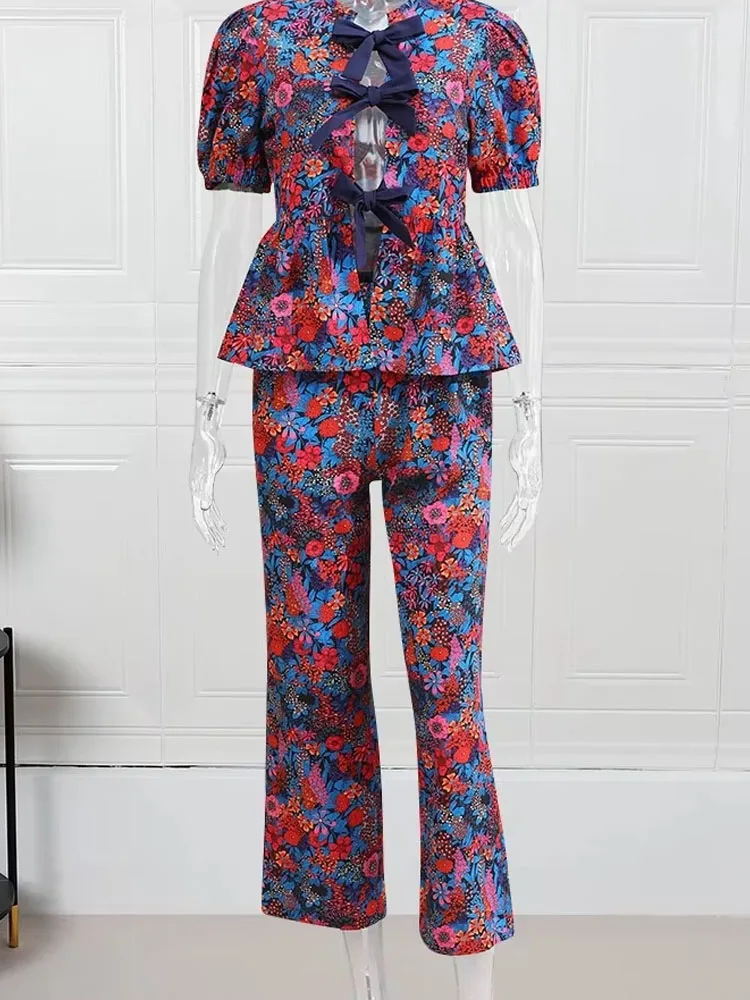2024 Women Casual Pants Set Purple Print Wide Leg Pants+Bow Lace Up Short Sleeves Cardigan Shirts Texture Y2k Summer Suit