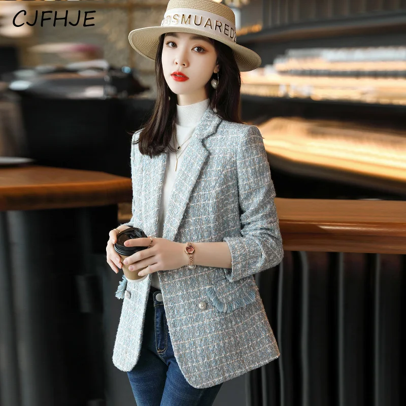 

CJFHJE Spring Socialite Style Women's Woolen Jacket Korean Fashion Versatile Casual Women Solid Color Slim Fit Suit Jacket Top