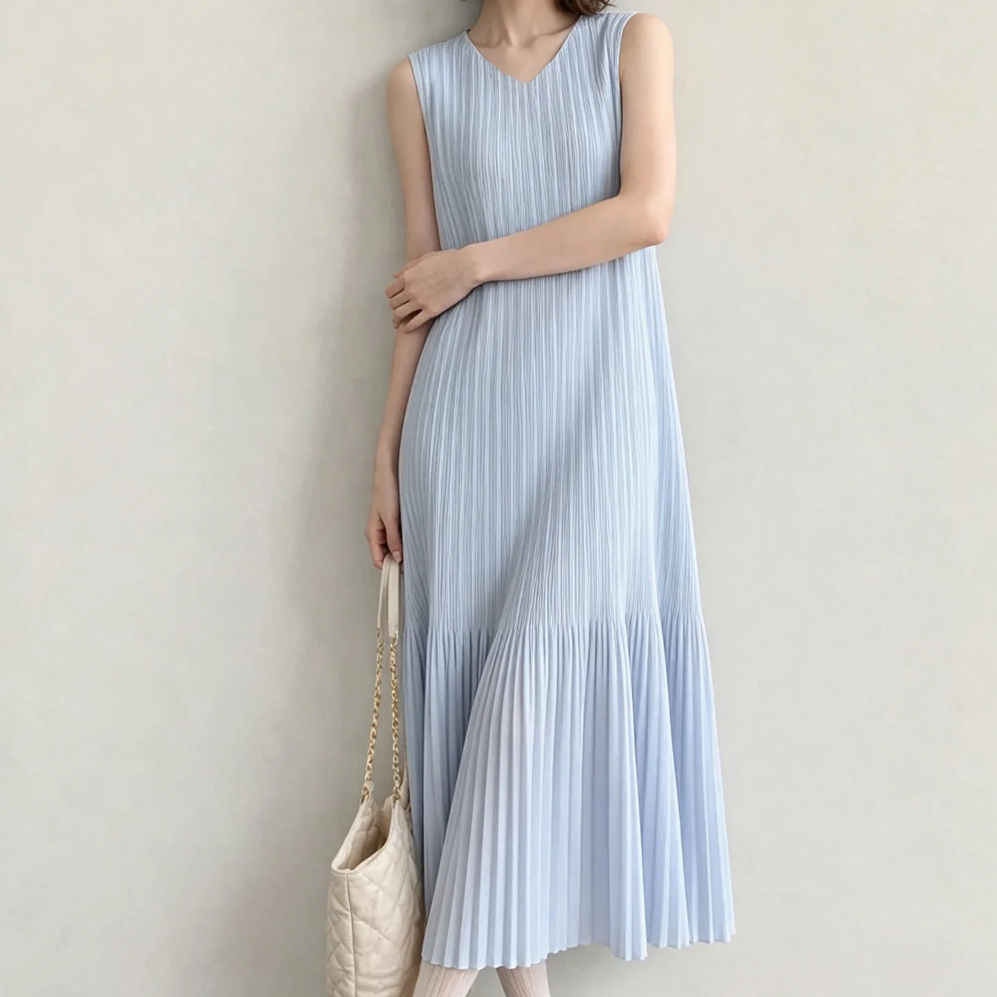 Miyake Plissee-Kleid Damen Ärmelloses Midi-Kleid Strukturiert Locker Sitzend Elegant Lässig Sommer Mode Minimalistischer Stil Schickes Fit – Detail 12