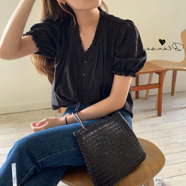 2024 Summer French Three-dimensional Flower Puff Sleeve V-neck Black Short Sleeve Tops Chic Wooden Ear Short Shirt Blouse