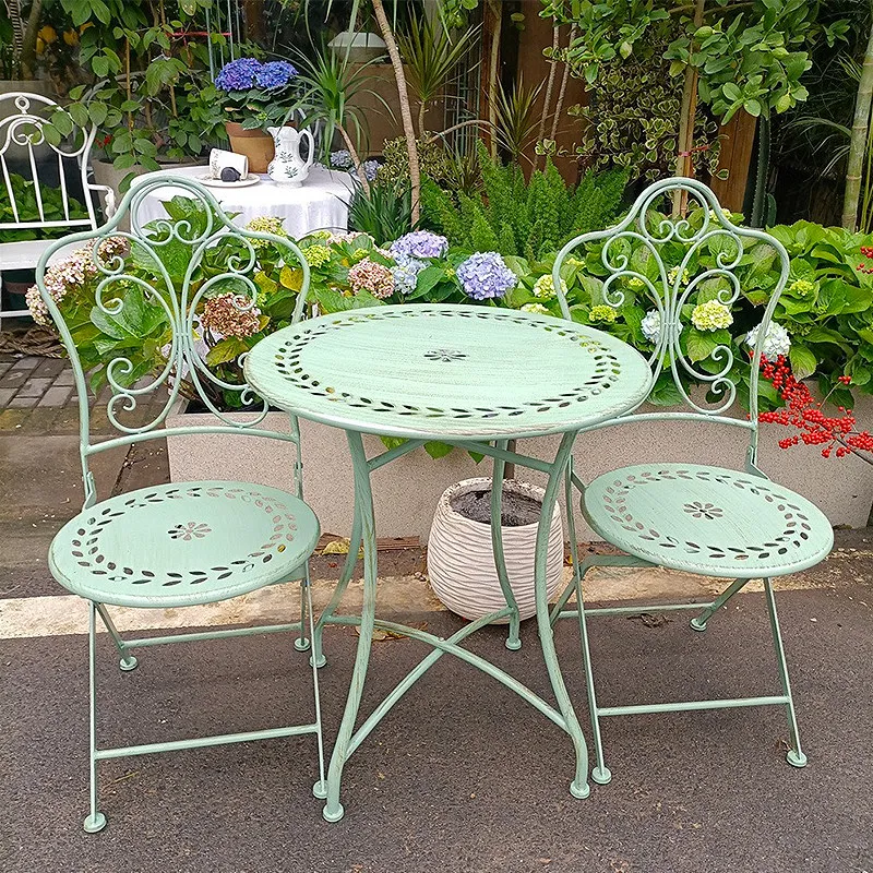 French Country Iron Table and Chairs Outdoor Patio Furniture for Garden White Metal Backrest Seat Balcony Rustic Garden Chairs image 3