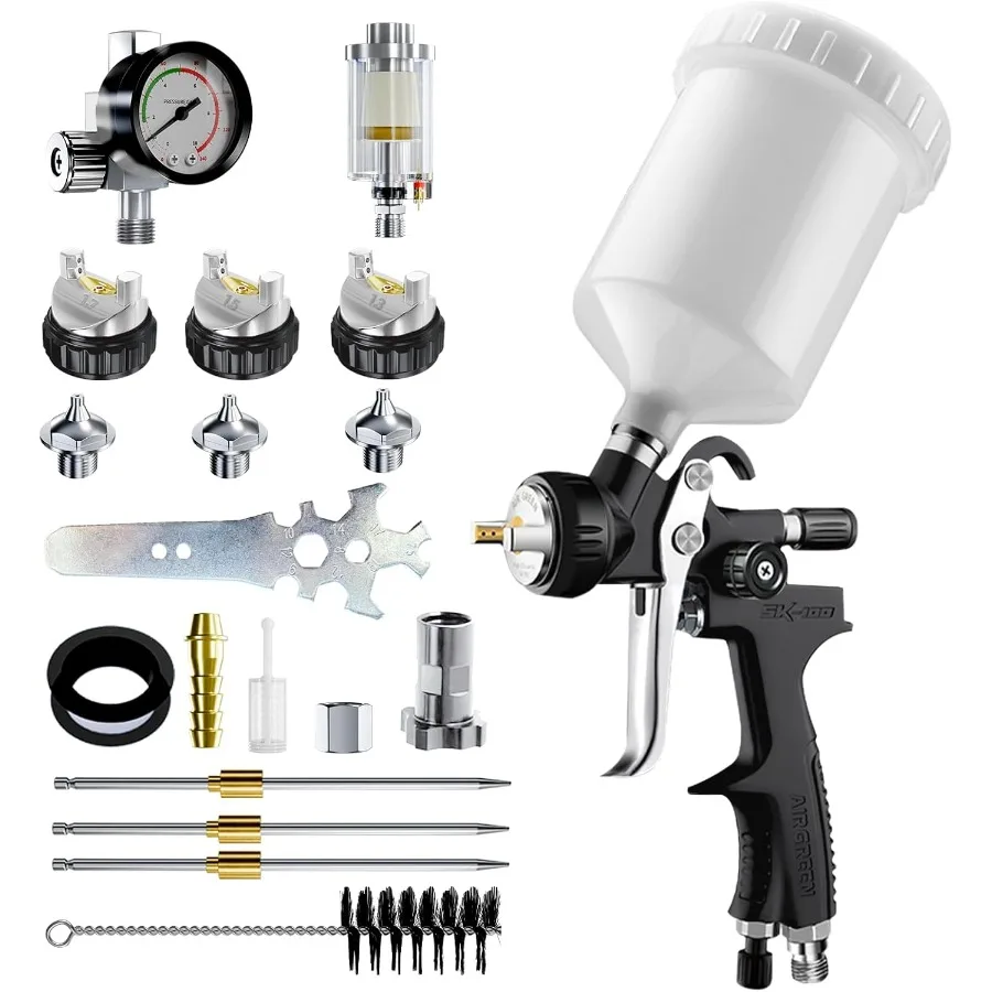 

Модернизированная версия HVLP Пневматический распылитель Премиум-комплект с соплами 1,3 мм 1,5 мм и 1,7 мм для гладкого и равномерного применения краски 600 куб.см.