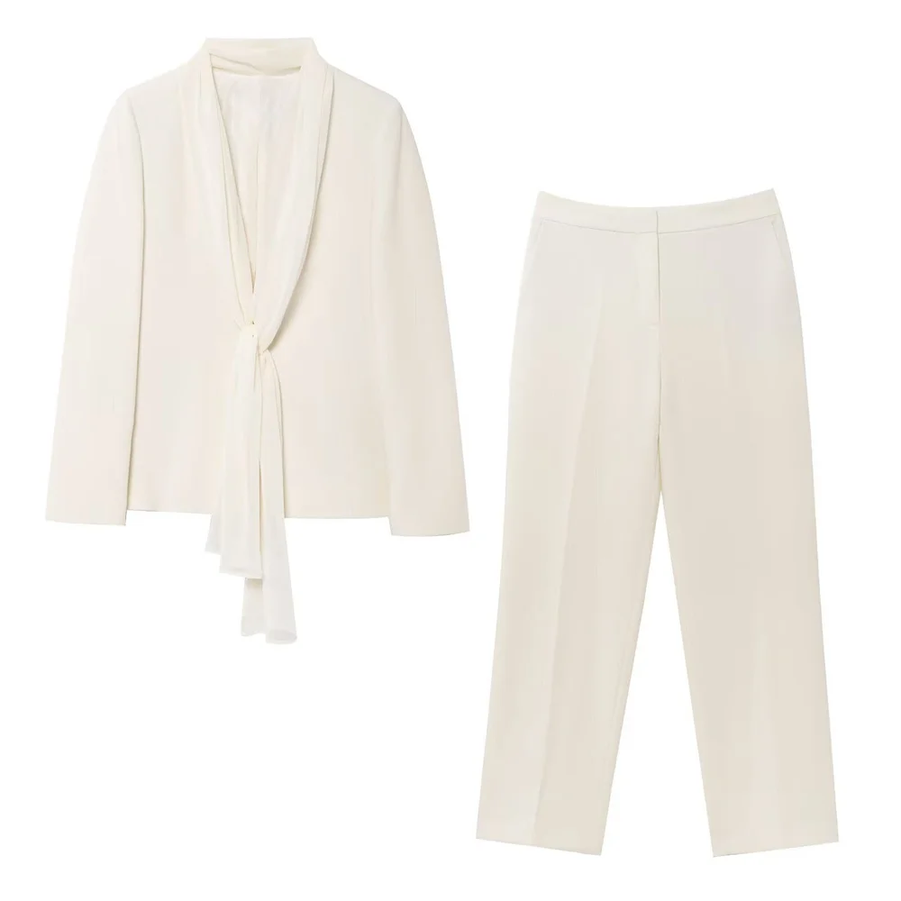 

Taop&Za Women's Fashion Versatile Thin Scarf Collar Suit Coat Spring/Summer New High Waist Straight Pants
