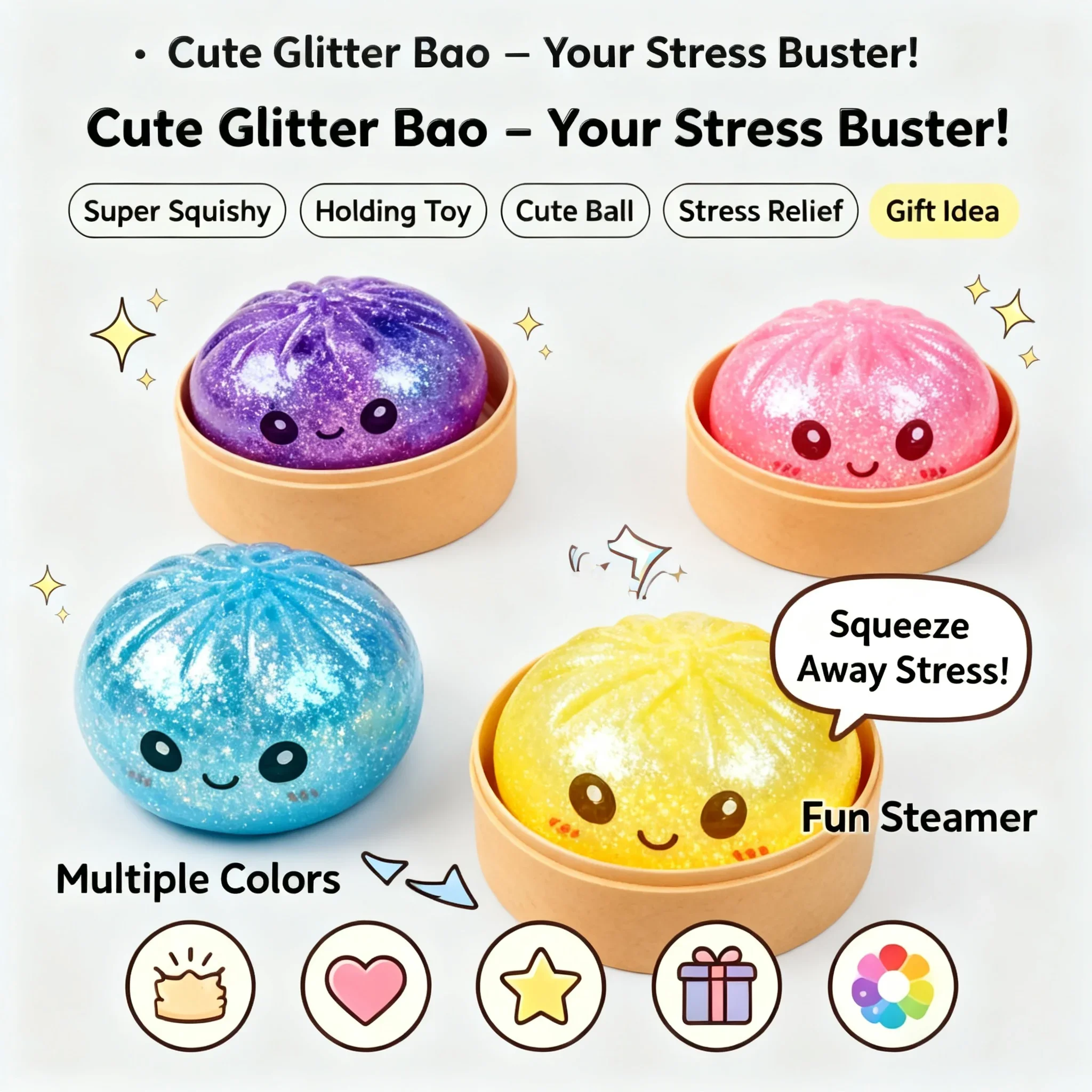 Kids Stress Relief Fidget Toy Soft Squishy Simulation Steamed Bun with Beads Sparkles Squeeze Decompression Sensory Accessory