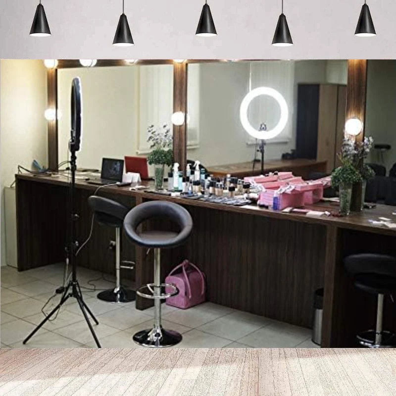 

Makeup Room Photography Backdrop Interior Room Salon Make-up Mirror Cosmetics And Tools on Dressing Table Background Wall Poster