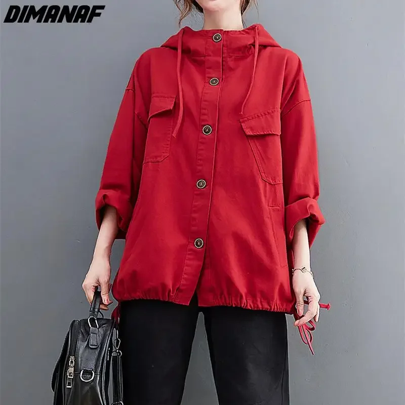 DIMANAF 2024 New Oversize Jackets Female Women Cotton Black Spliced Coat Solid Red