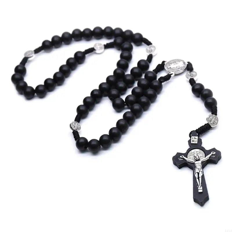 2025 New Black Wooden for Cross Religious Necklace Fashion Handmade Round Bead Catholic Rosary for Cross Religious Necklace