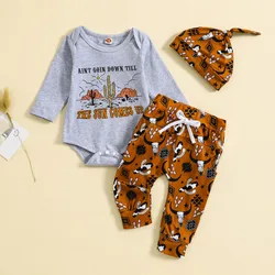 Newborn Baby Boy Pant Sets Western Outfit Spring Autumn Clothes Bull Head Print Long Sleeve Bodysuit and Elastic Pants Hat