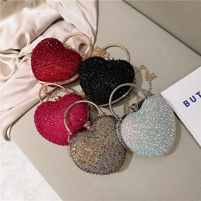 2024 New Heart Luxury Evening Dinner Clutch Bag Water Droplet Diamond Wedding Party Handbag Love Chain Underarm Crossbody Bag