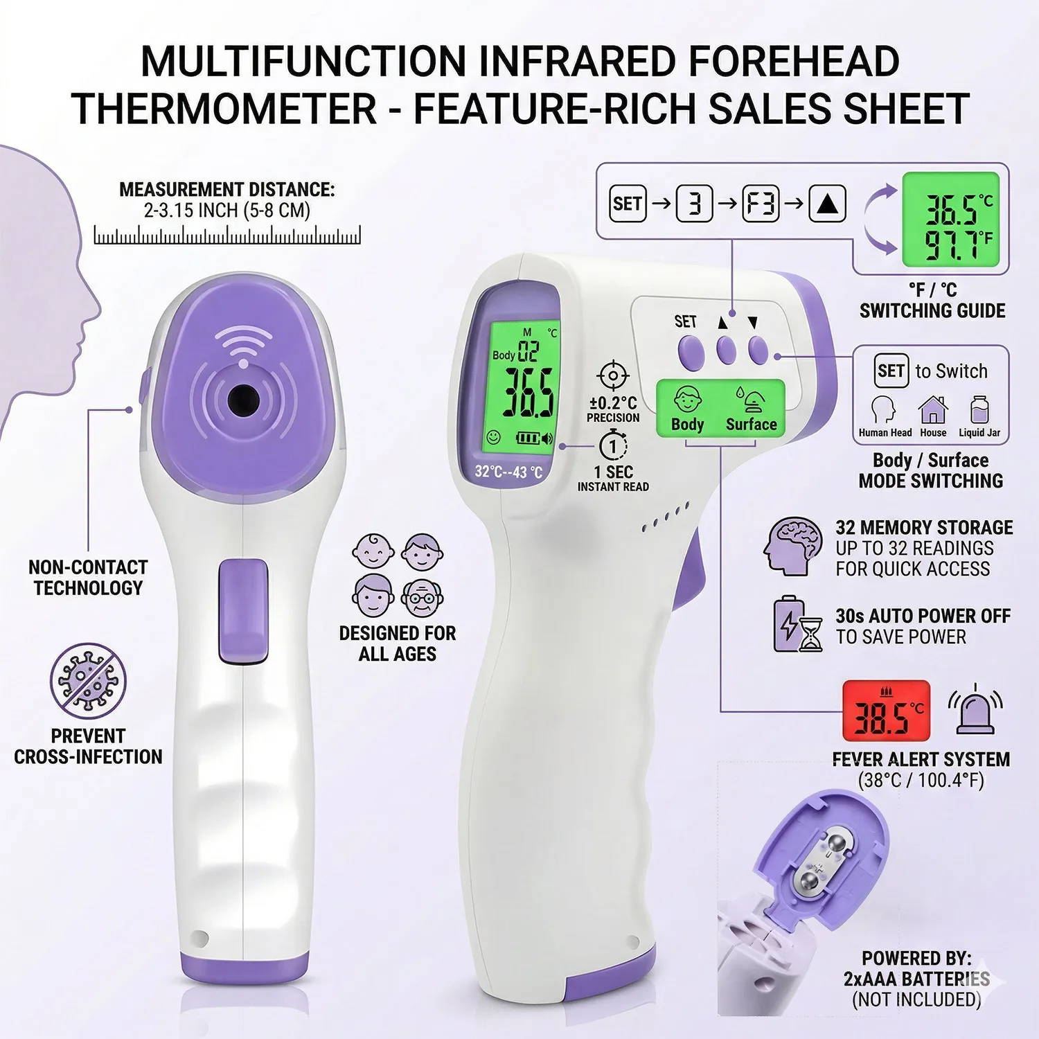 Digital Medical Infrared Forehead Thermometer - Non-Contact Baby/Adult LCD Backlit Thermometer for Fever Detection