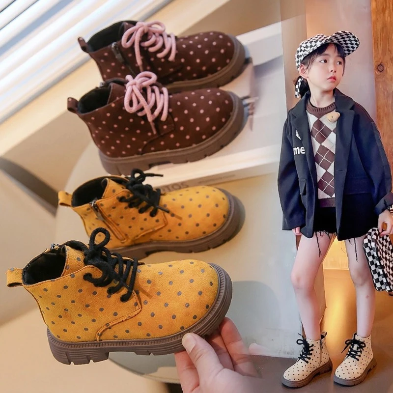 Fashion Kids Girls Polka Dot Short Boots Suede Lace Up Side Zipper Warm Cozy Cute Boots for Toddler Little Girls Winter Daily