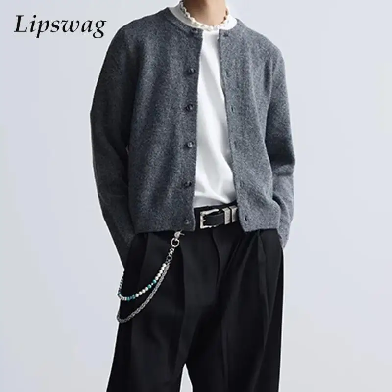 

Вязаная верхняя одежда, мужская весенняя новинка 2026, повседневный однотонный тонкий кардиган, мужские стильные вязаные куртки с длинными рукавами и пуговицами с круглым вырезом