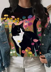 Women's Funny Animal Cat Printed T Shirt Short Sleeve Tees Tops 3D Prints O-Neck Shirt Summer Casual Women's Clothing Apparel