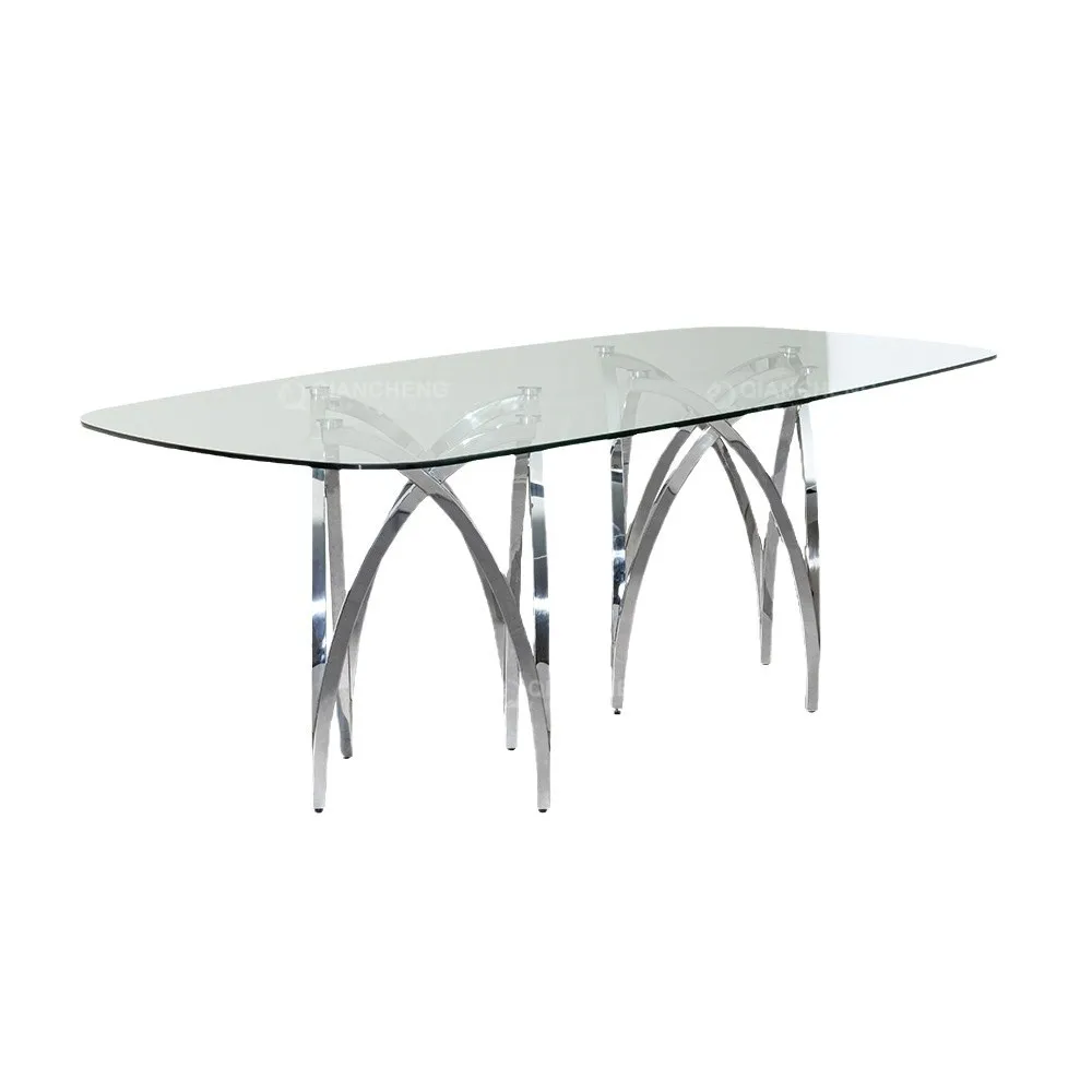 

Light luxury glass dining table household luxury wedding table oval dining table gold stainless steel