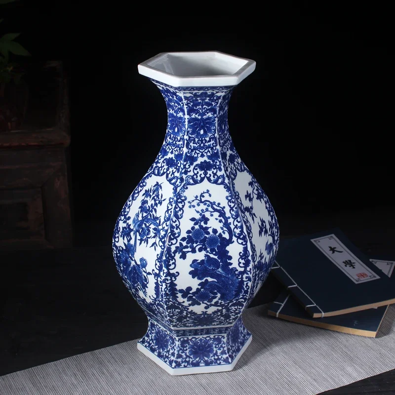 Porcelain Pot Home Decor for Bedroom Belly Vase Jingdezhen Unique Vases Flower and Bird Vintage Blue Ceramic Vase Office Decor