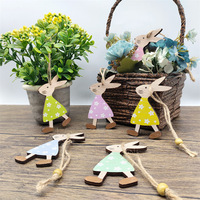 10pcs Wooden Easter Bunny Pendant Creative Home Holiday Desktop Decoration Wooden Crafts Hanging Decoration