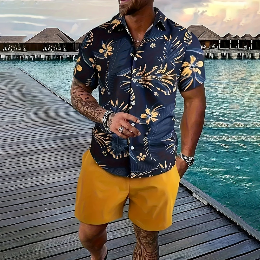

Plus-Size Loose Shirt Men'S Vintage Tropical Leaf Print Shirt Hawaiian Casual Top Fashion Lapel Button-Up Short-Sleeved Shirt