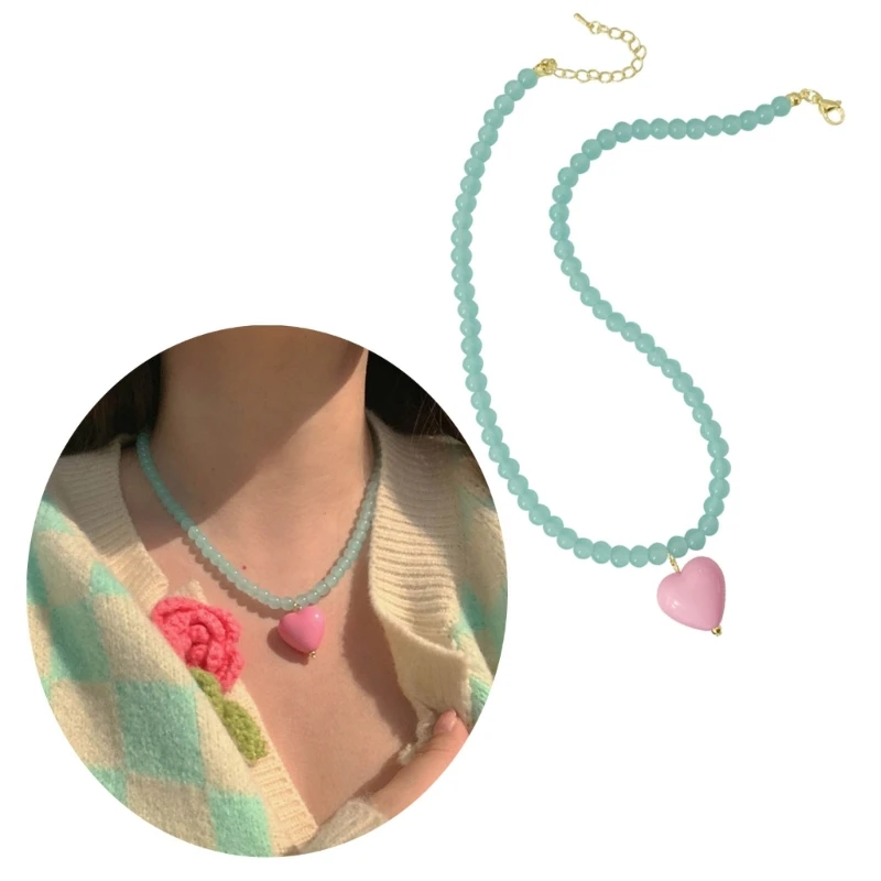 2023 New Color Clash Heart Necklace Fashionable Pendant Charm Neck Chain Sweet Cool Girls Clavicular Chain Adjustable Length