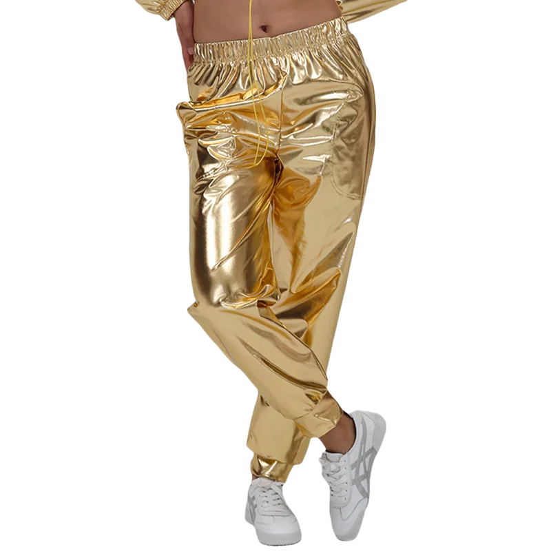 Women Holographic Hip Hop Faux Leather Metallic Loose Wide Leg Party Jazz Costume Cosplay Shiny Street Dance Pants For Adult