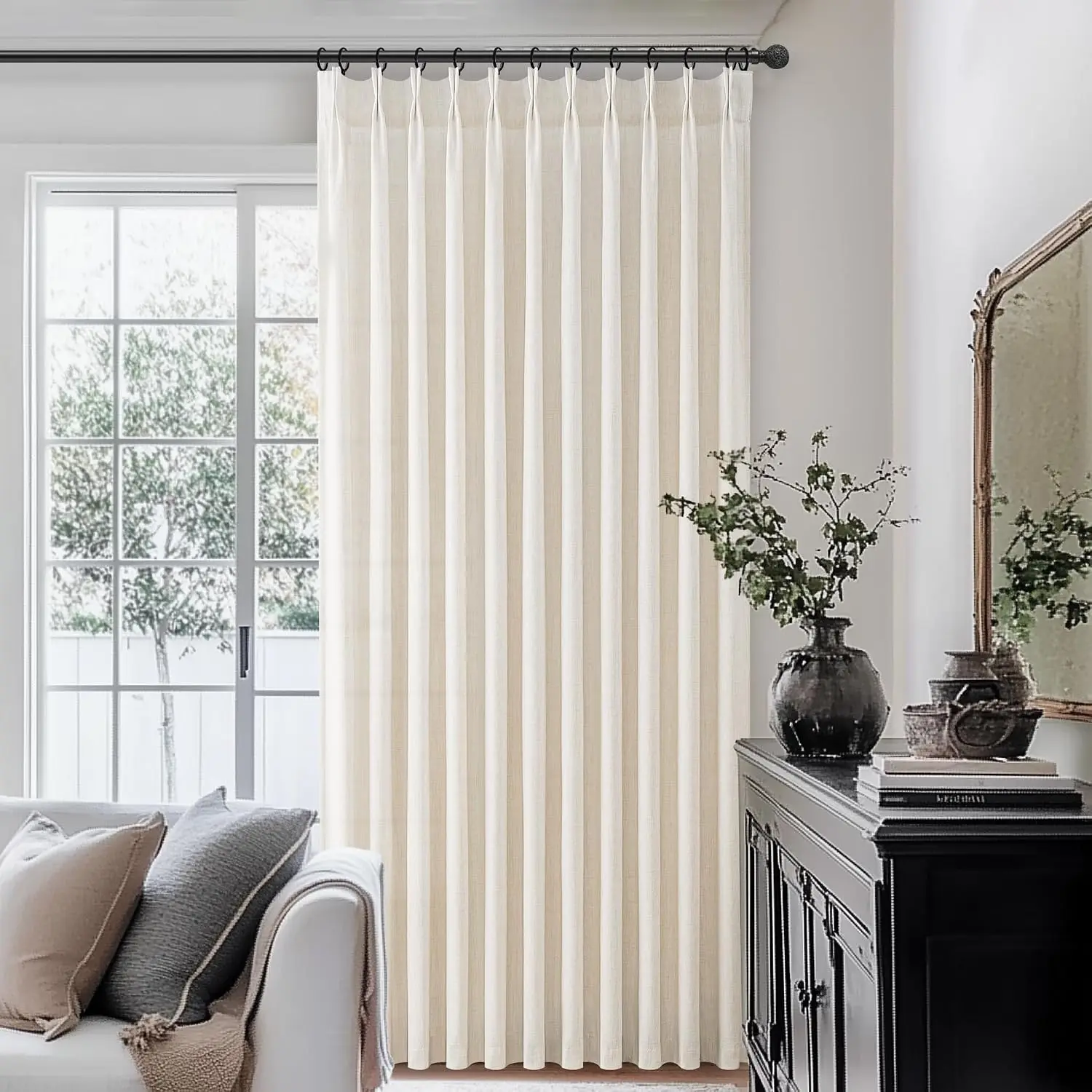 Cream-Birch 2-Panel 96-Inch Pinch-Pleated Linen Sheer Curtains, Supplied with Hooks & Rings, Light-Filtering Boho Drapes for 8-Foot Sliding Glass Doors