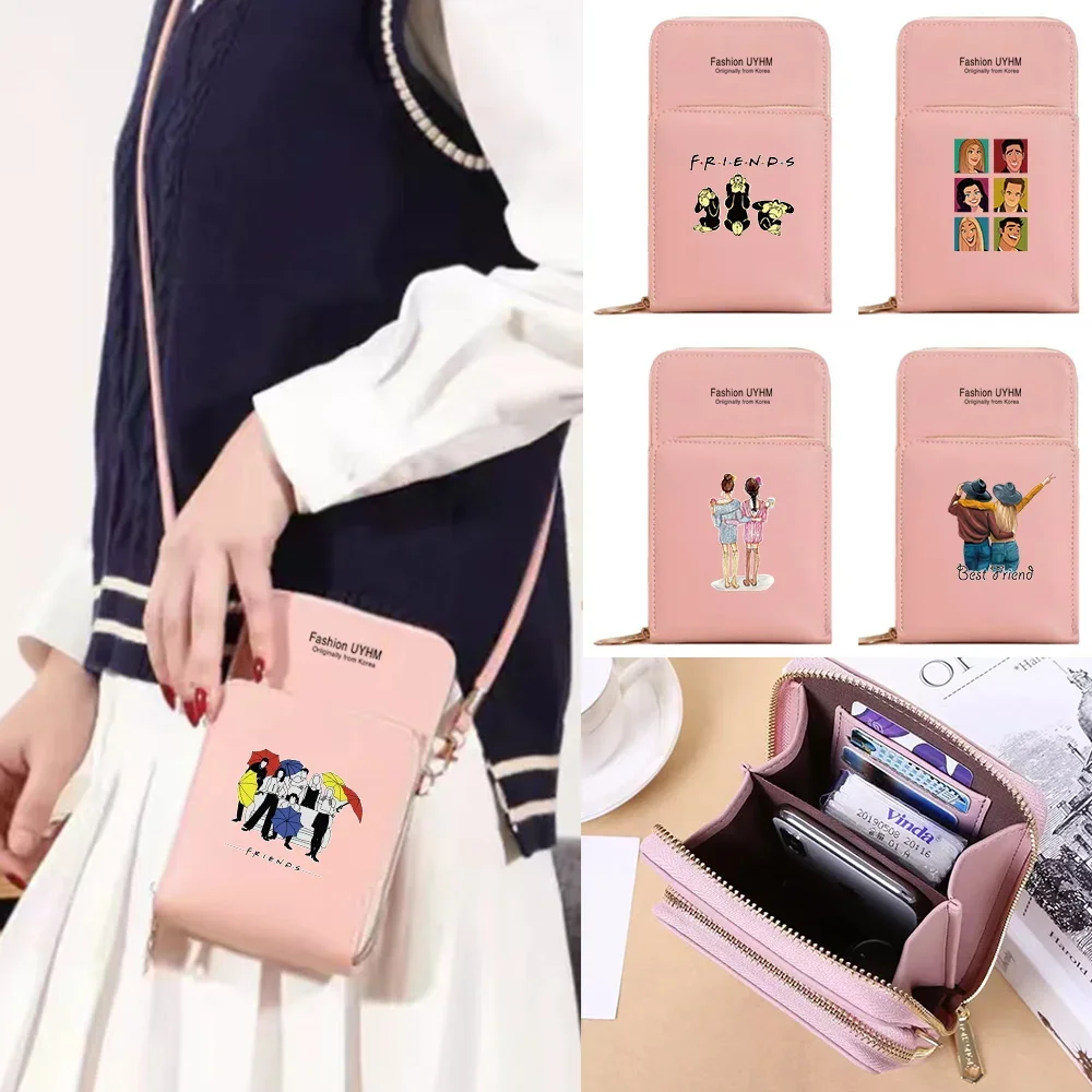 Universal Mobile Phone Bag With Touch Screen Women's Bag PU Leather Wallets Card Holder Shoulder Crossbody Pouch Friends Pattern