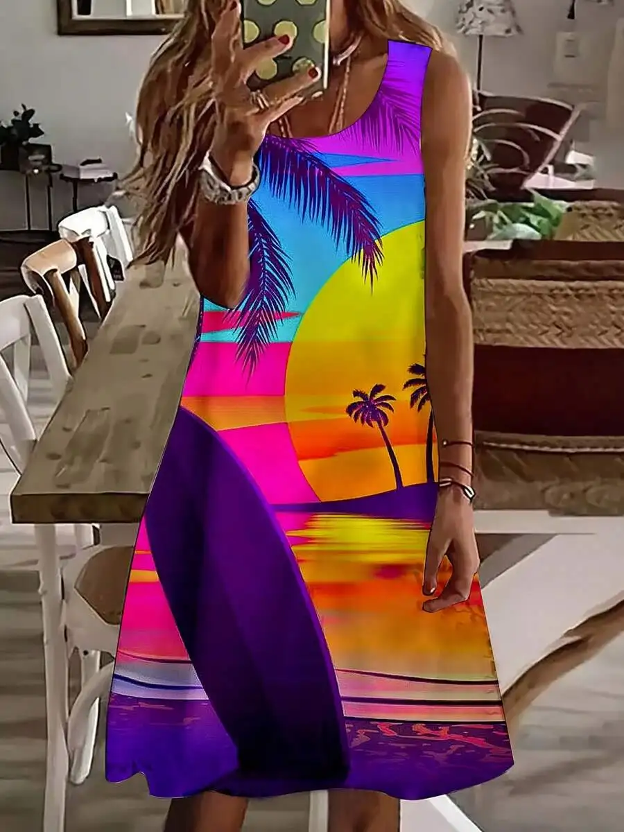 

Women Sleeveless Tropical Sunset Palm Tree Print Summer Beach Vacation Dress