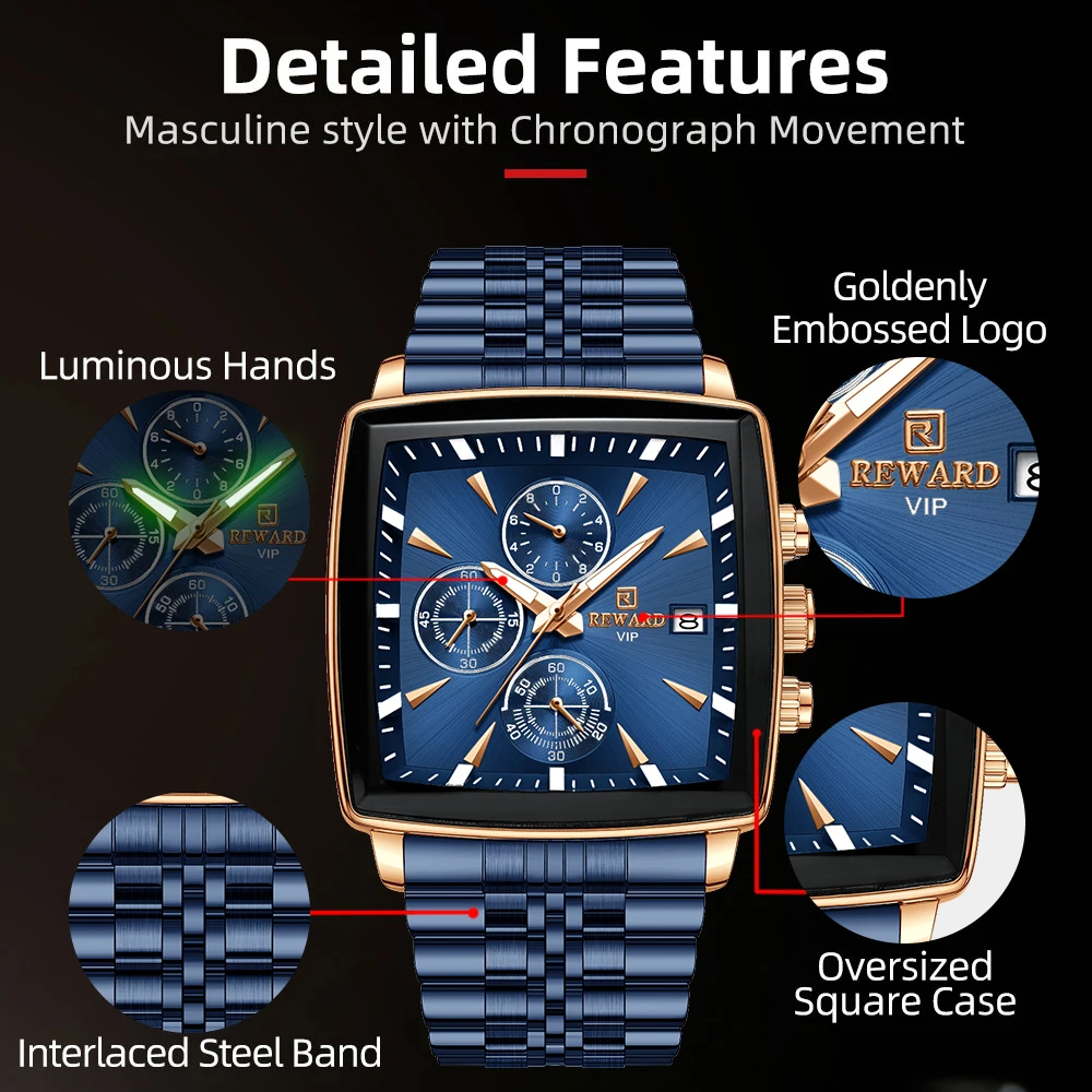 REWARD Men\'s Watches Blue Rectangle Quartz Wristwatches Luxury Business Watch Clock Luminous Hands Waterproof Clock Man