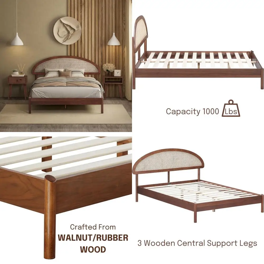 

Natural Rattan Gem Wooden Bed Frame with Headboard, Solid Oak and Rubber Wood Slat Base, Supports up to 1000 Lbs