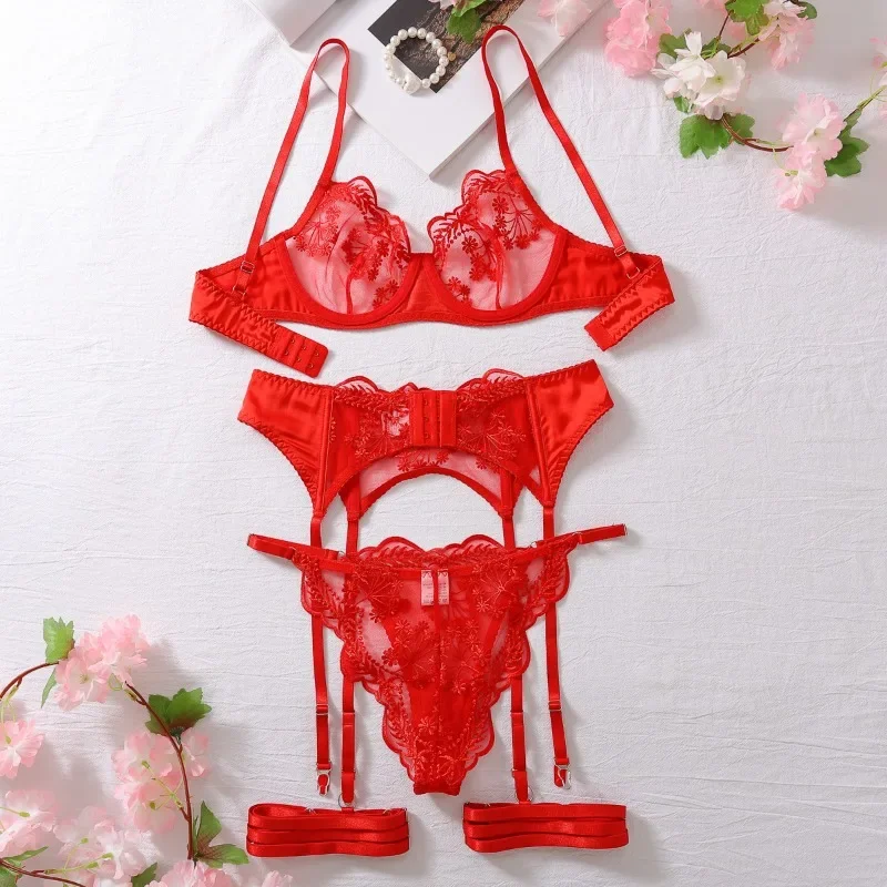 Chuangerm Dames Borduurwerk Splicing Sexy Lichaam Vormgeven Erotische Lingerie Vierdelige Set Onlyfans Porno Sexy Kostuums 2024 Mode