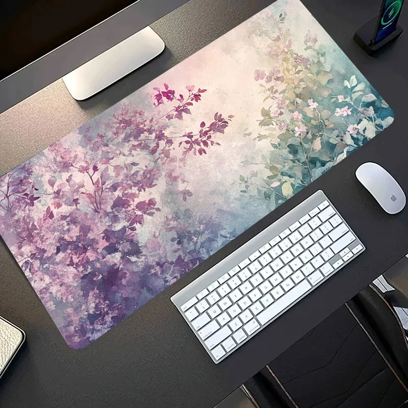 

E-sports Gaming Mouse Pad with a Pastel Purple Floral and Green Leaf ,Rubber Anti-slip Gaming Keyboard Mousepads Long Desk Pads