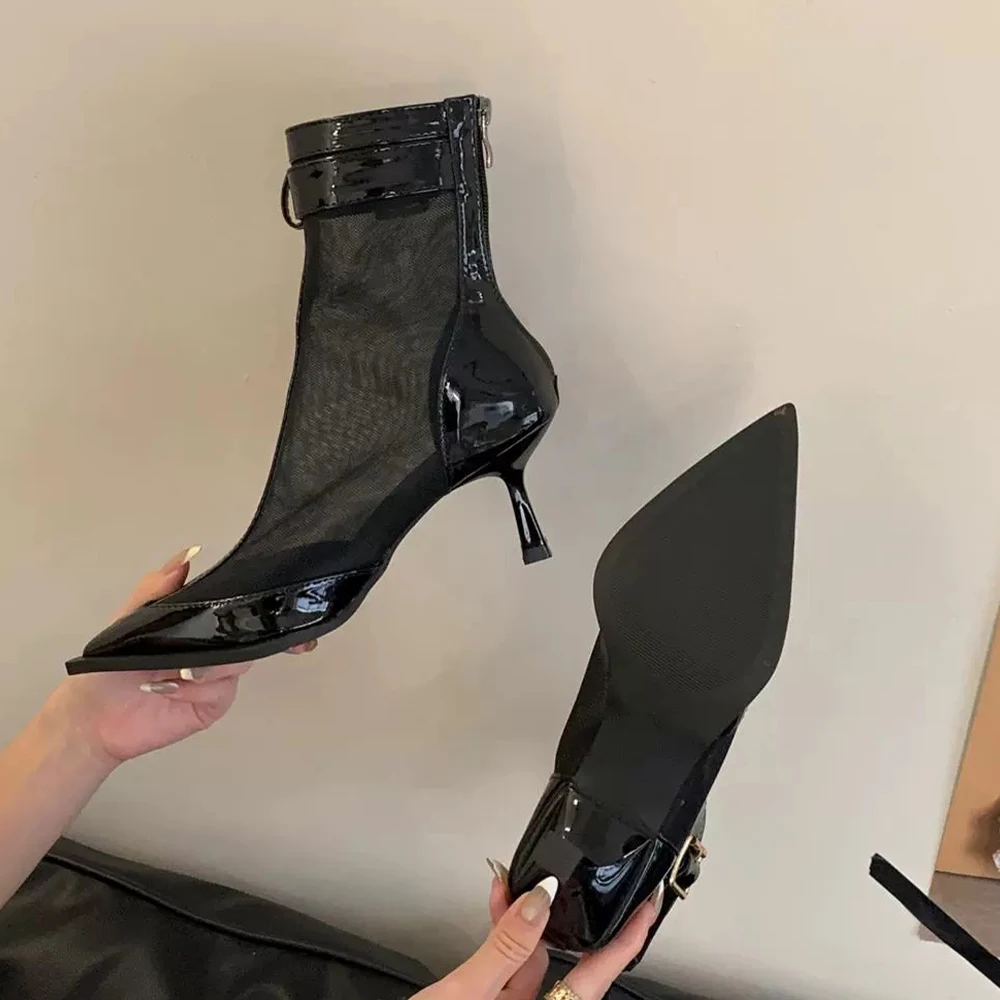 إمرأة عودة زيبر عالية الكعب مغلق أشار تو براءات الاختراع والجلود شبكة الكاحل الجوارب خنجر الكعوب أحذية الصيف لحفلة التاريخ