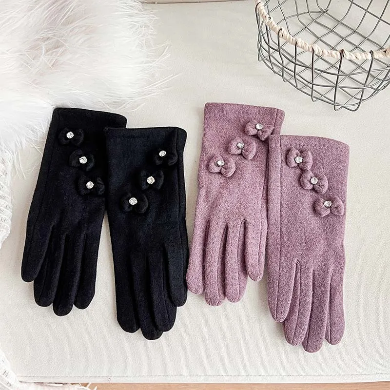 Winter Gloves for Women, Cashmere Light Plate, Diamond Wearing Bow, Fashionable Two-color Warm Split Finger Gloves