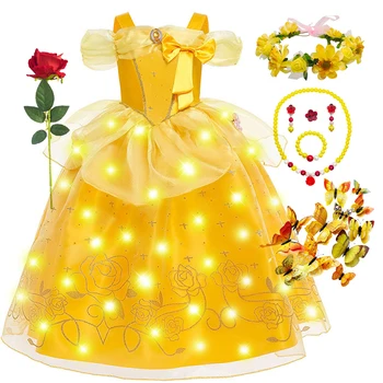 Belle princesse Cosplay robe fille jaune florale épaules dénudées maille enfant lumière LED Halloween Costume beauté anniversaire Surprise cadeau