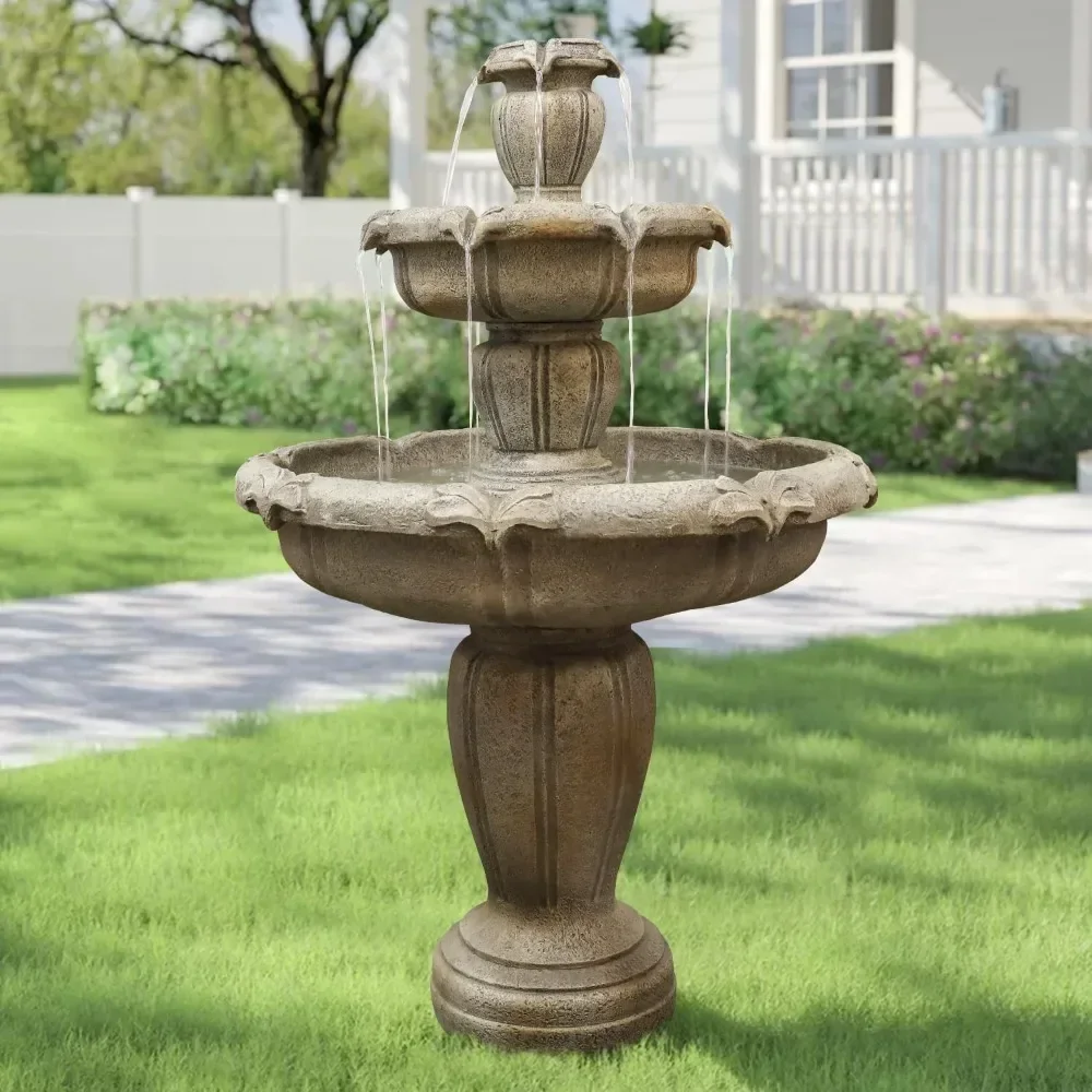 Outdoor Floor Water Fountain, 3-Tiers Concrete Water Fountain with Submersible Electric Pump - Garden Cascading