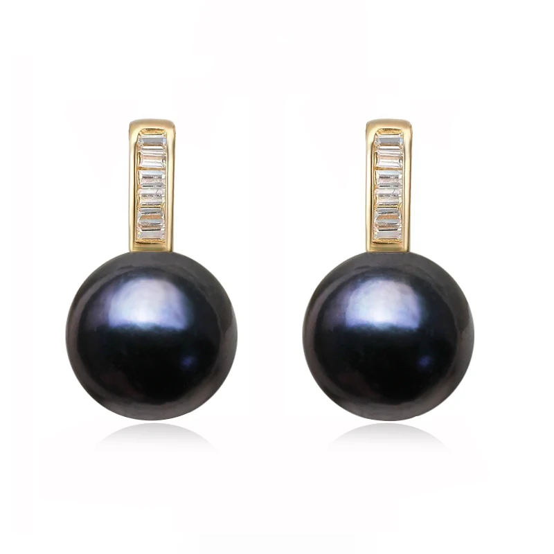 Tahitain Black Pearl Stud Earrings For Women,Real 14K Yellow Gold Earrings Wedding Pearl Earrings Bridal