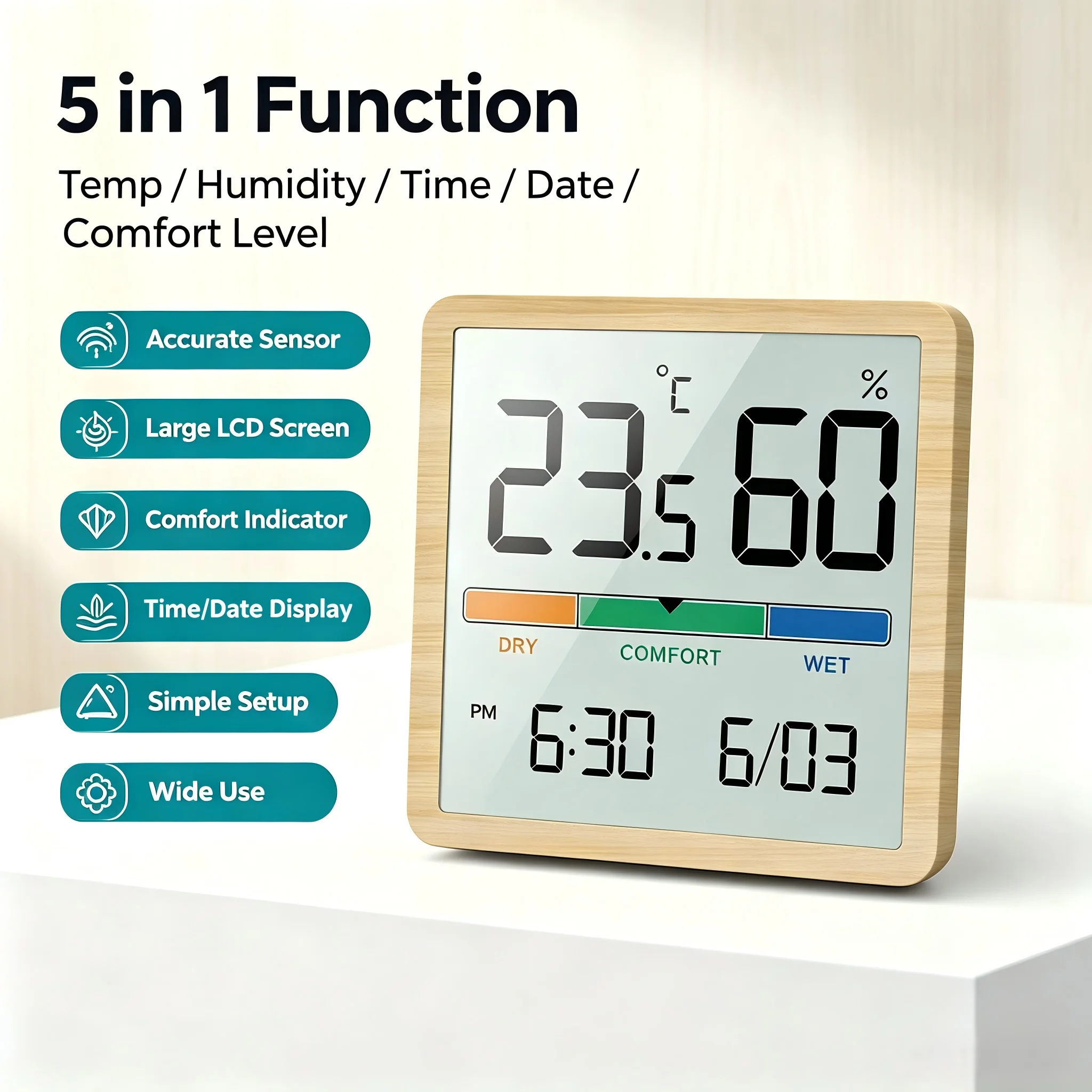 2.76 Large LCD Temperature and Humidity Meter Indoor Outdoor Digital Temperature Sensor Time and Date Display Humidity Meter