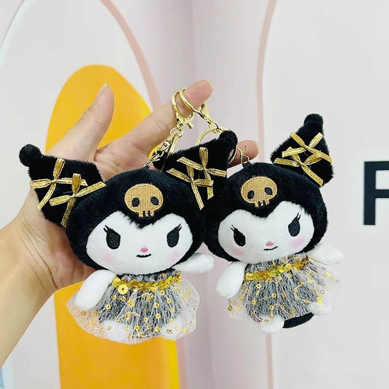 12cm Sanrio Cute and Comfortable Plushies Black Gold Kuromi Keychain Pendant Cute Doll Plush Toys Bookbag Pendant Gift