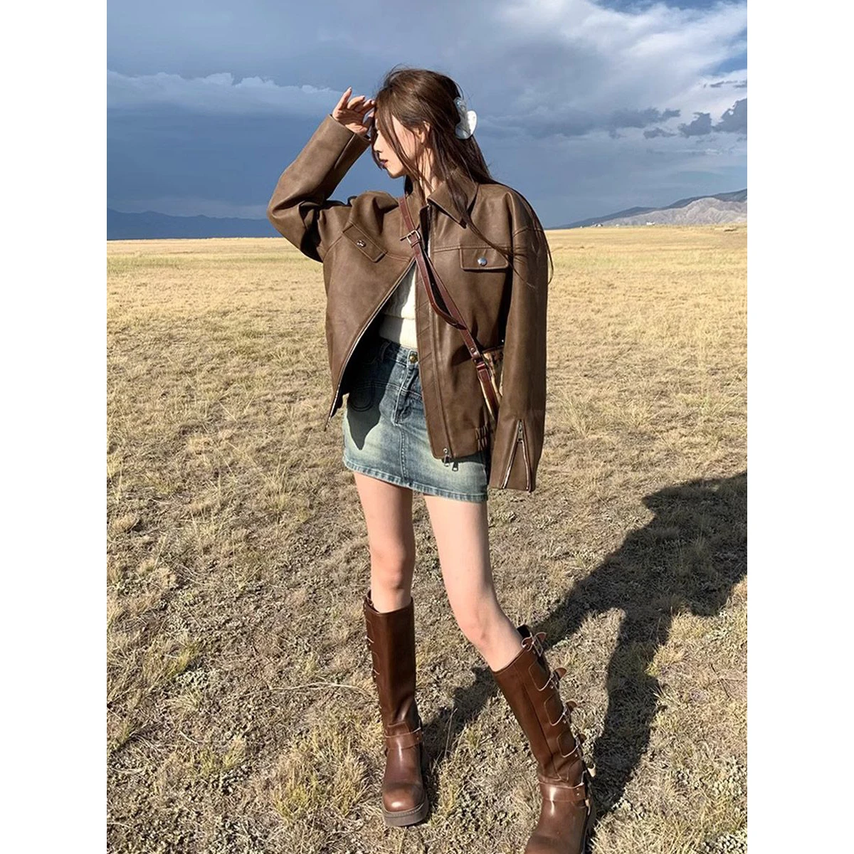 American Retro Brown Leather Jacket Women's 2026 Autumn New Small Size High-End Feel Pu Leather Motorcycle Jacket Women