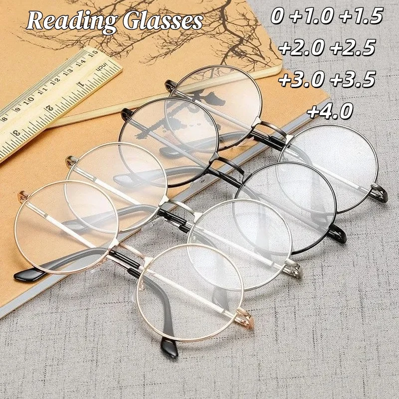 Vintage Round Metal Reading Glasses Lightweight Spring Heeled Presbyopic Eyeglasses Men Women Comfortable 0 To +4.0 Diopter