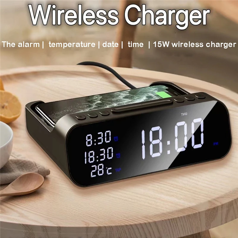 Wireless Charger Time Alarm Clock LED Digital Thermometer Phone Chargers Fast Charging Dock Station For IPhone Samsung Xiaomi