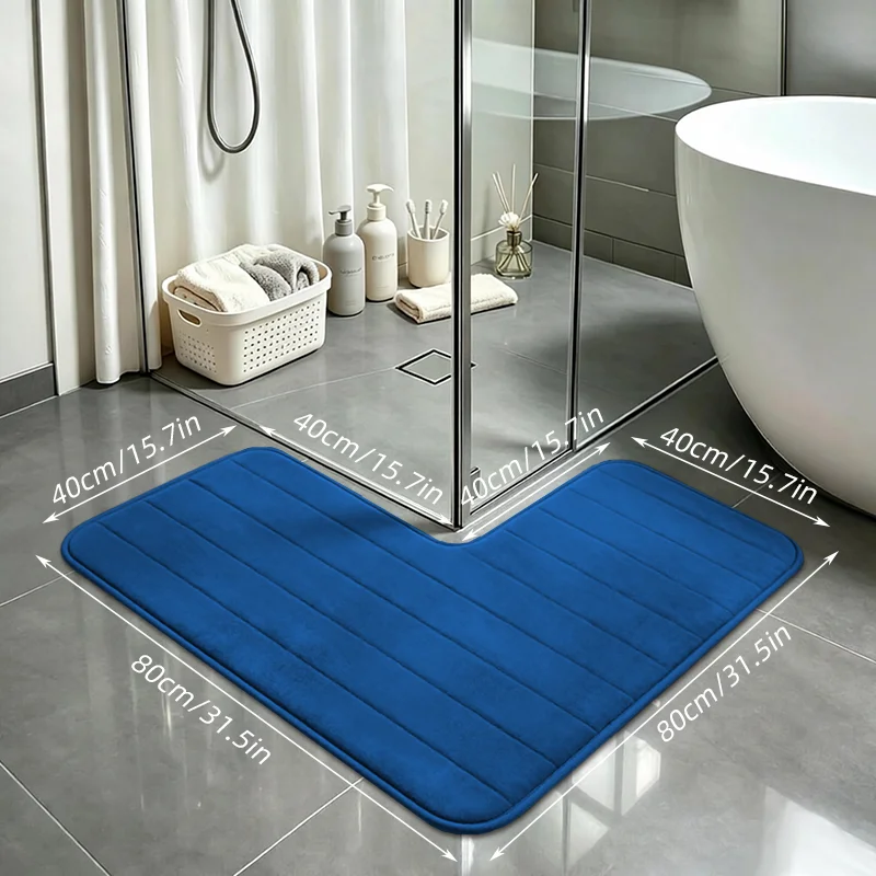 1 Stück L-förmige, rutschfeste und saugfähige Badematte, dicke, schnell trocknende Fußmatte aus Korallenfleece, mit horizontalen Streifen geprägtes Design, geeignet für Hotels, Gästehäuser und den privaten Gebrauch, rutschfester und schmutzabweisender Teppich für den Duschbereich im Badezimmer. – Detail 6