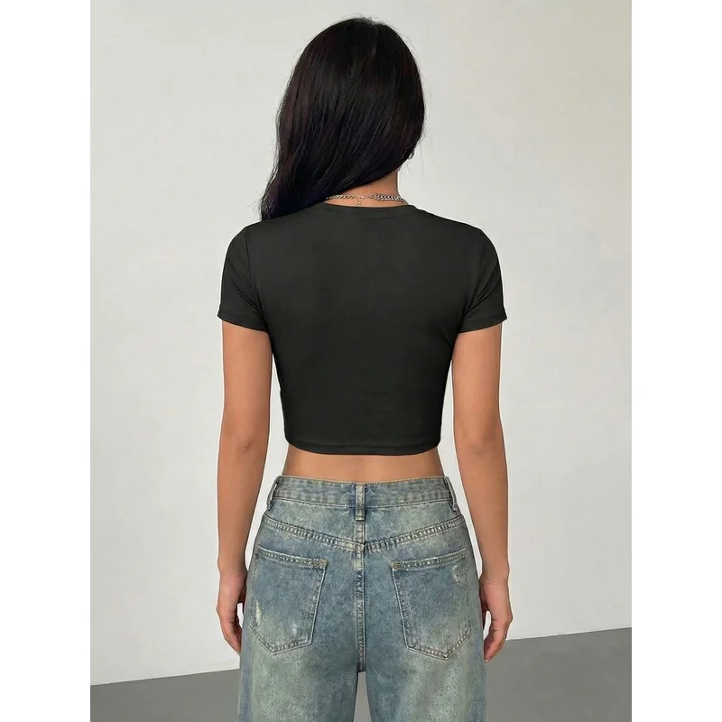Women Y2K Wild Child Butterfly Letter Print Crop T Shirt Slim Fit Short Sleeve O Neck Navel Tee Summer Casual Streetwear Cropped