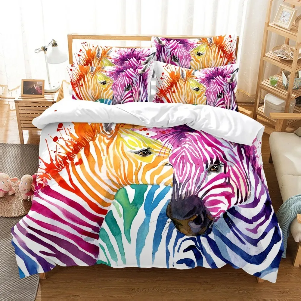 

3D Color Zebra Bedding Sets Animal Duvet Dogs Quilt Cover Set Dolphin Lion Tiger Comforter Bed Linen Pillowcase