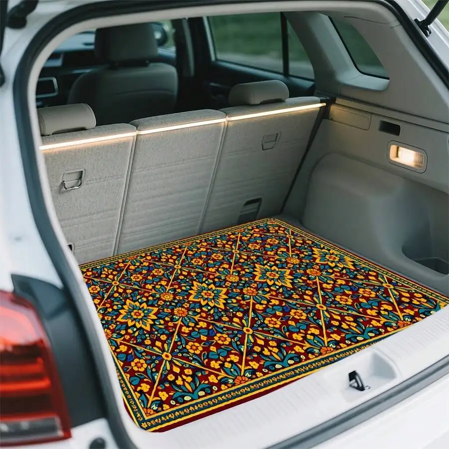 1-Piece Brown Base Geometric Pattern Printed Mat, Universal Car Trunk Mat, SUV Trunk Protection Mat, Car Interior Accessory,