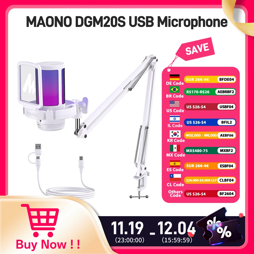 

Maono Gamerwave DGM20S USB-микрофон Игровой микрофон Конденсаторный микрофон RGB Микрофон с шумоподавлением и усилением микрофона, подсветка RGB, отключение звука одним ключом