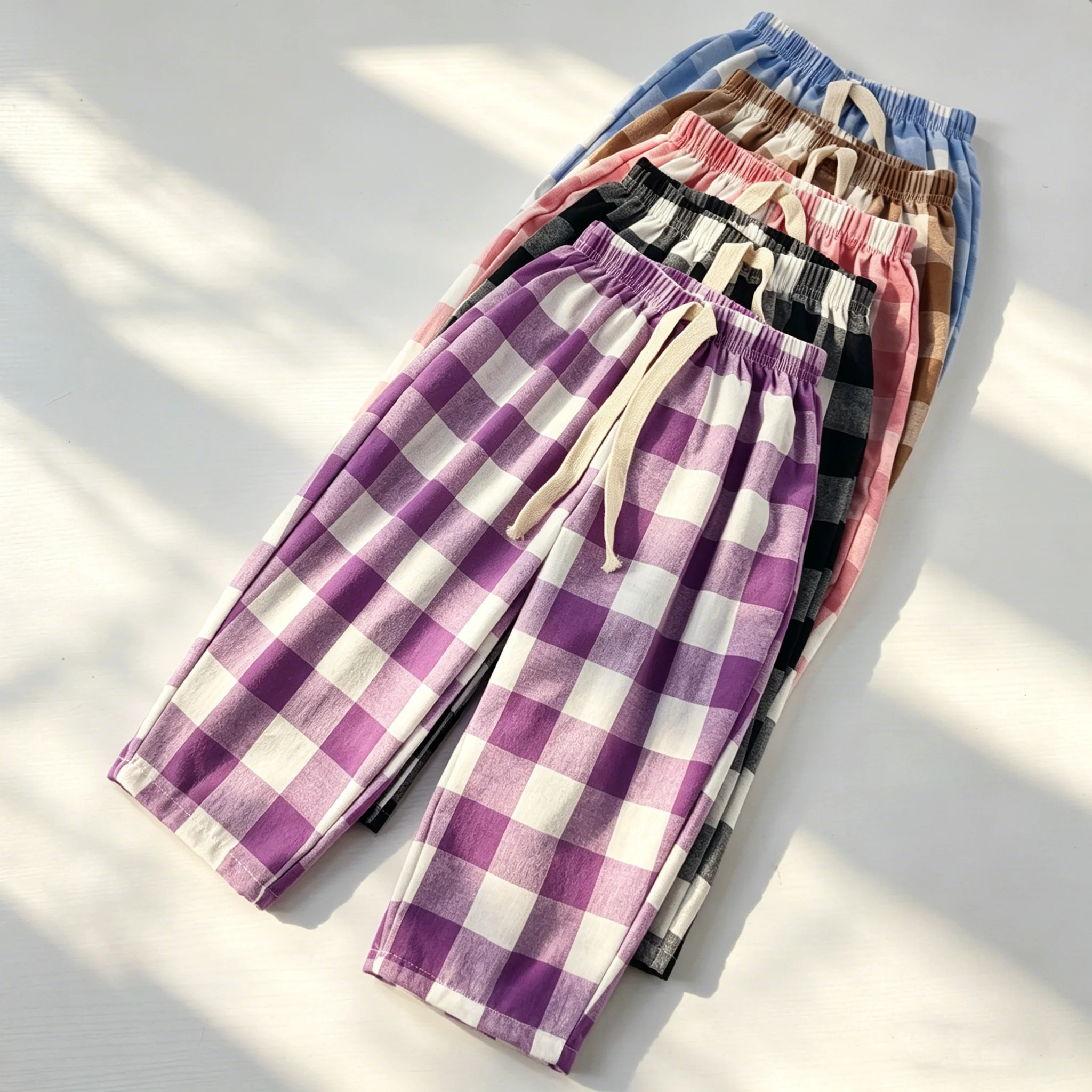 Cotton Plaid Trousers for Kids Spring/Summer Casual Pants Boys & Girls Comfortable Breathable Checkered Trousers